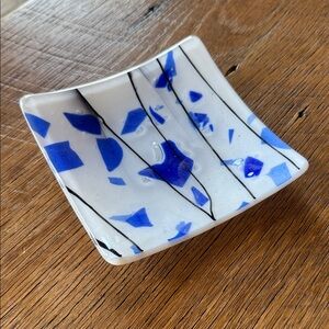 Fused Glass Blue and White Art Dish